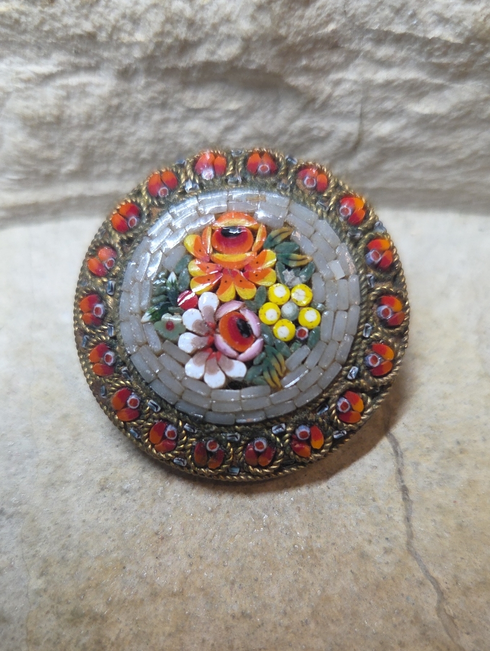 Vintage Floral Micro Mosaic Brooch with Brass Accents